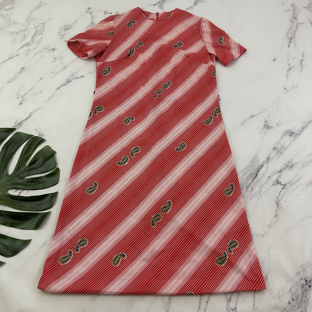 Womens Vintage 80s Shift Dress Size L Red Stripe Paisley Floral Midi Stretch - Picture 1 of 12